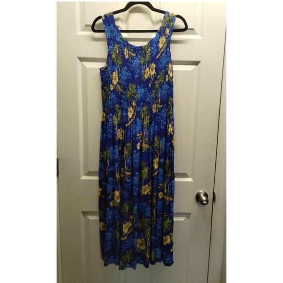 Aloha Hut OS PLUS SIZE Hawaiian Blue Beach Floral Stretch Shirred Midi Dress - Picture 4 of 6